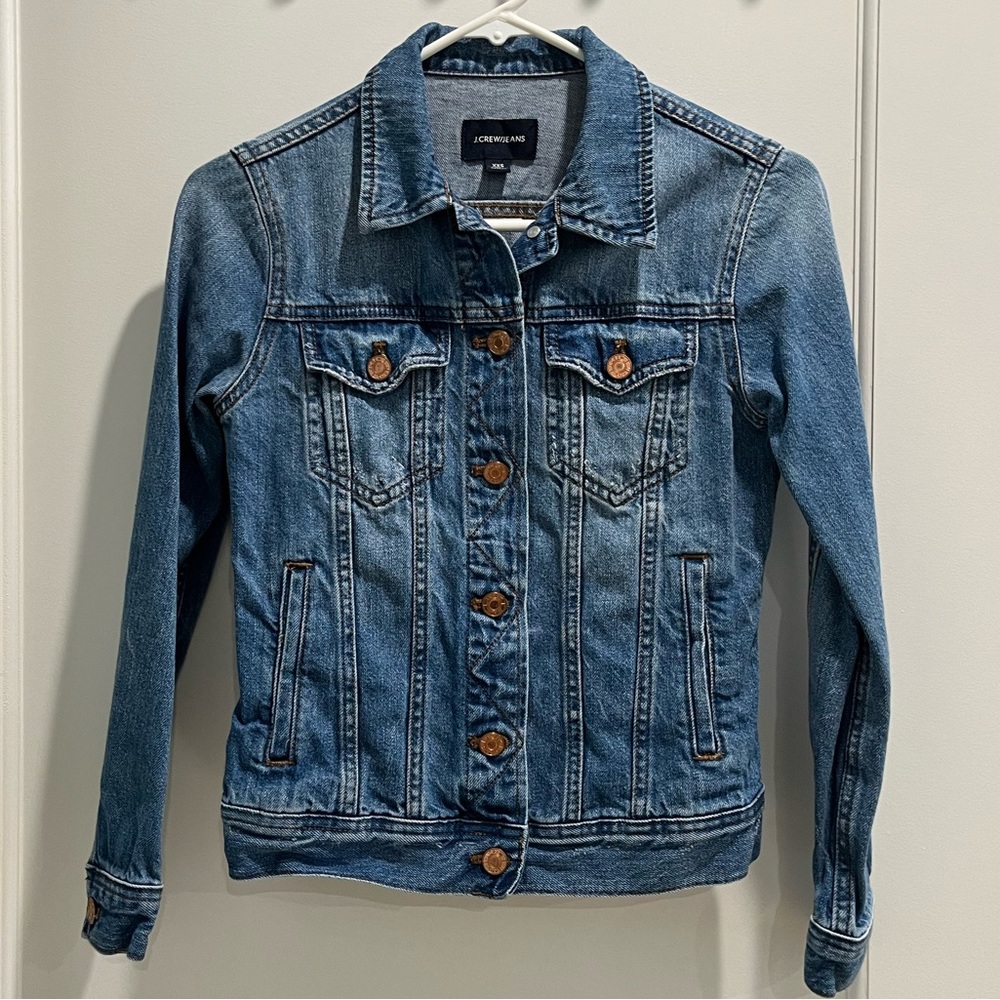 Like new, never worn j. crew distressed denim jacket w rose gold hardware XXS